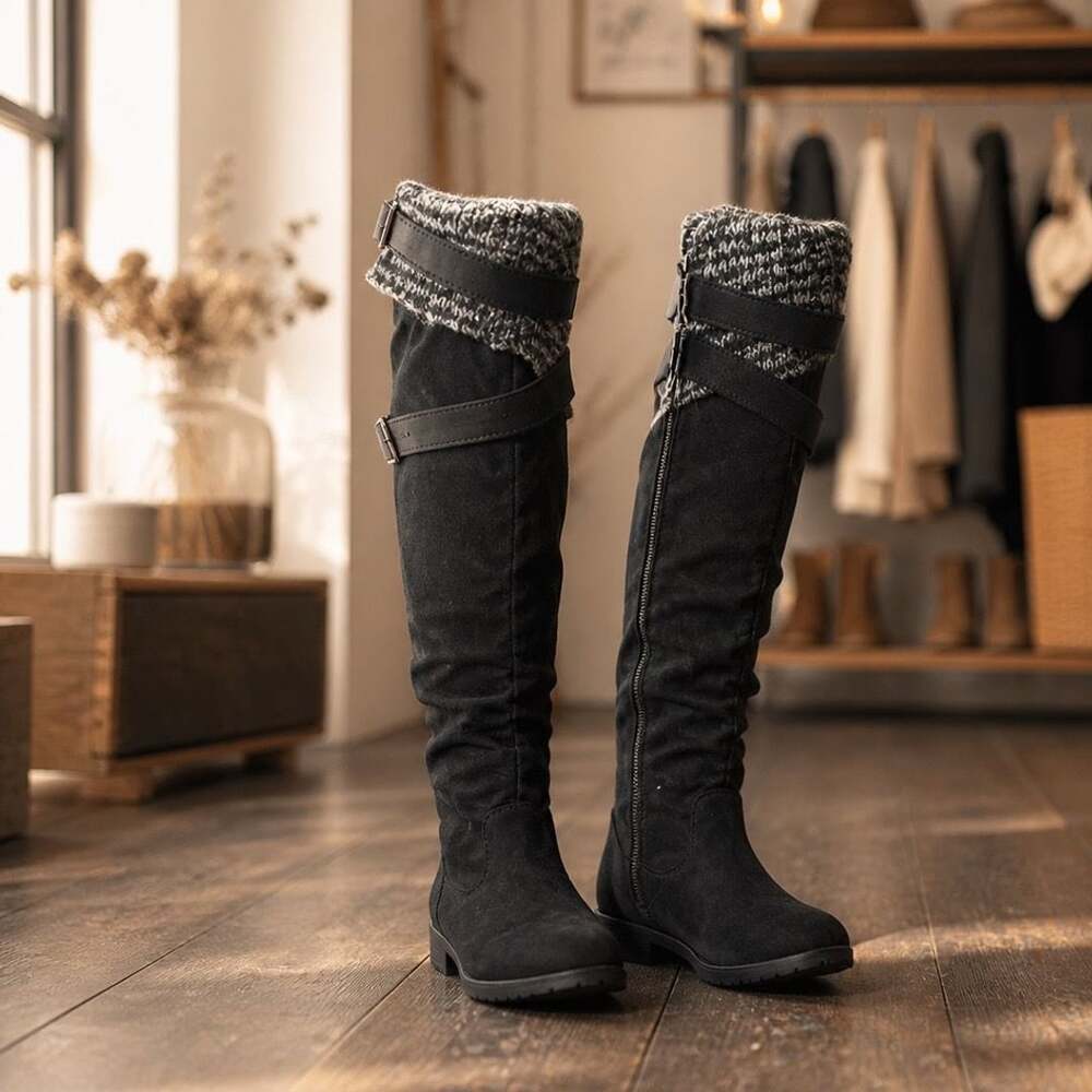 Modern Rush Gabrielle Black Faux Suede Wedge Boots with Sweater Trim Size 9